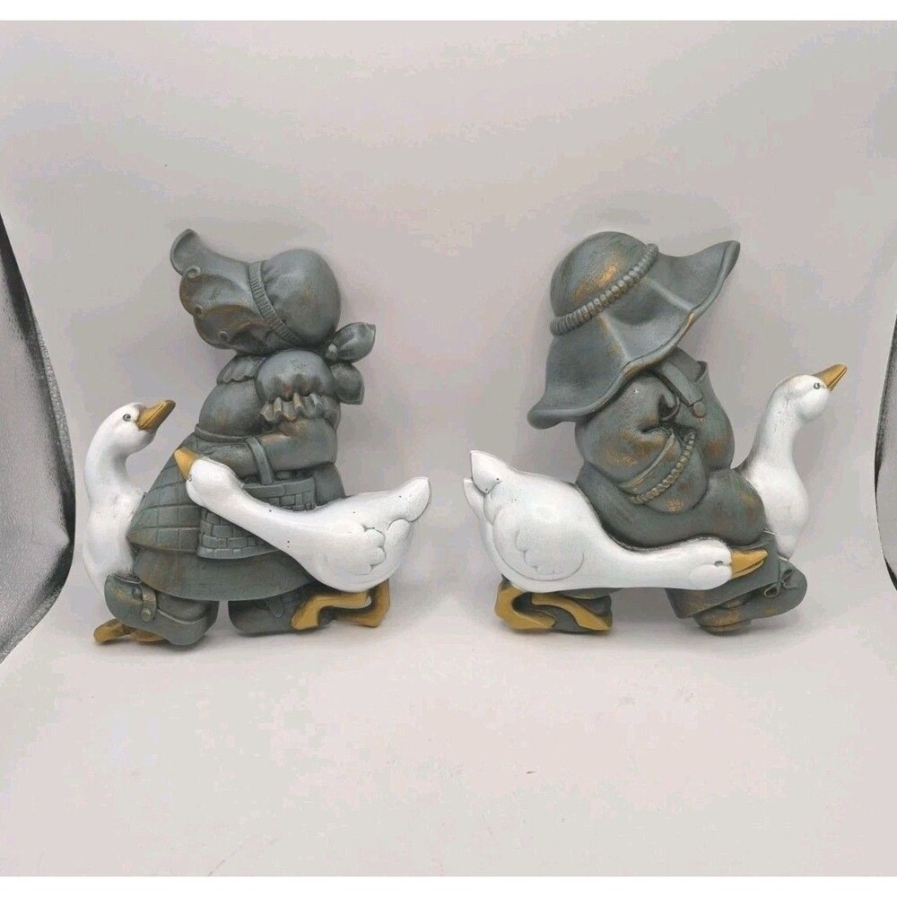 Vintage 80s Burwood Boy & Girl w/ Geese Wall Plaques Cottage Core Shabby Chic
